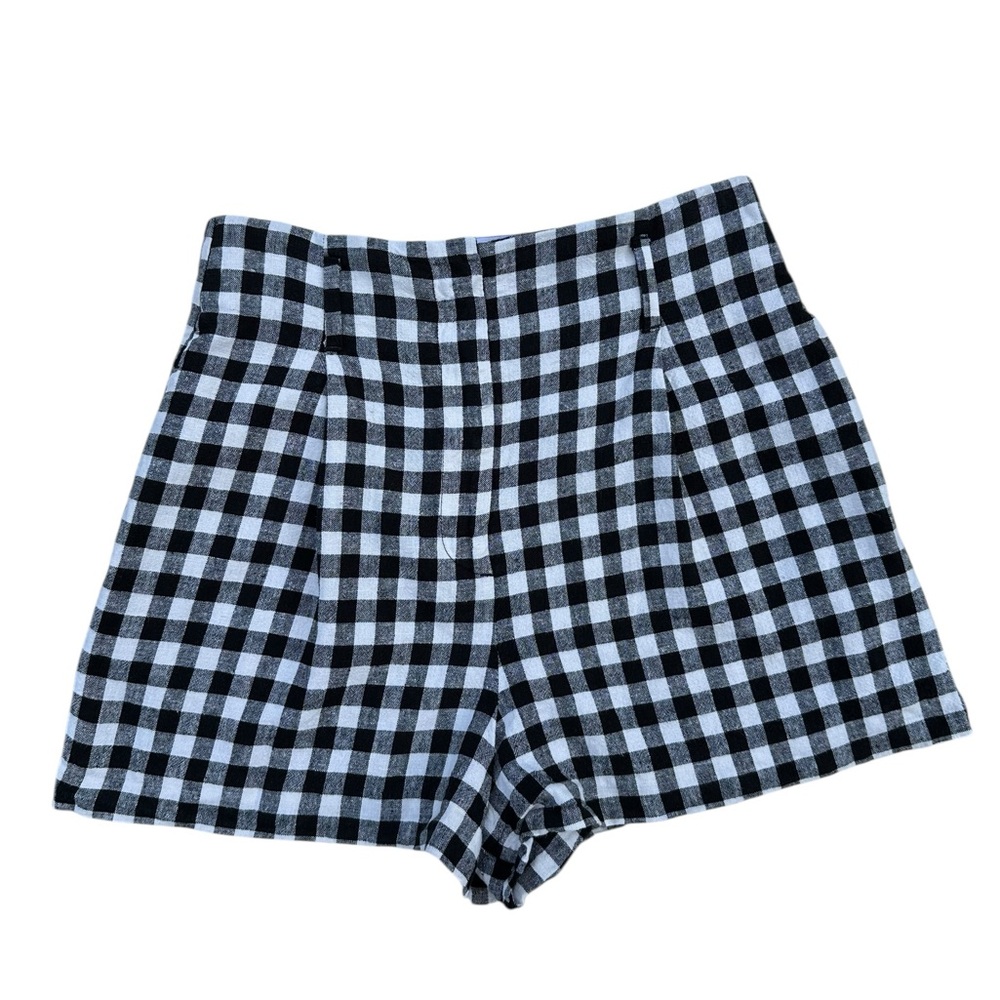 Zara  Women’s Linen Blend Black and White Checkered High Waist Shorts